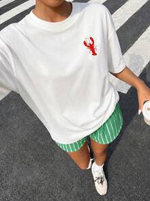 青少年女孩休閒簡約寬鬆圓領短袖T恤與寬鬆短褲2件組，適合春夏季 - 彩色 - 查看 2