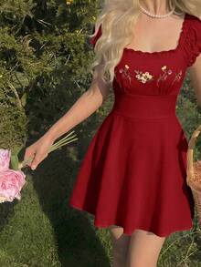 Skyraze Embroidered Shell Sleeve Square Neck Fashion Mini Dress - Red - View 2