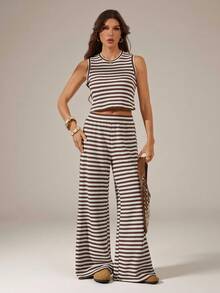 SHEIN Tall 2pcs/Set Women Striped Camisole And Pants, Casual Summer Outfit - Multicolor - View 6