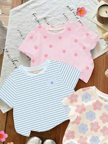 SHEIN LMoss Kids 3件組可愛花卉藍色蝴蝶夏季女童服裝套裝，圓領短袖T恤，藍色條紋，粉色休閒童裝 - 彩色 - 查看 6