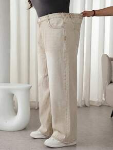 SHEIN Tall CURVE Tall CURVE 大码女式复古水洗米色阔腿牛仔裤，休闲日常及夏季街头风女裤 - 米色 - 查看 6