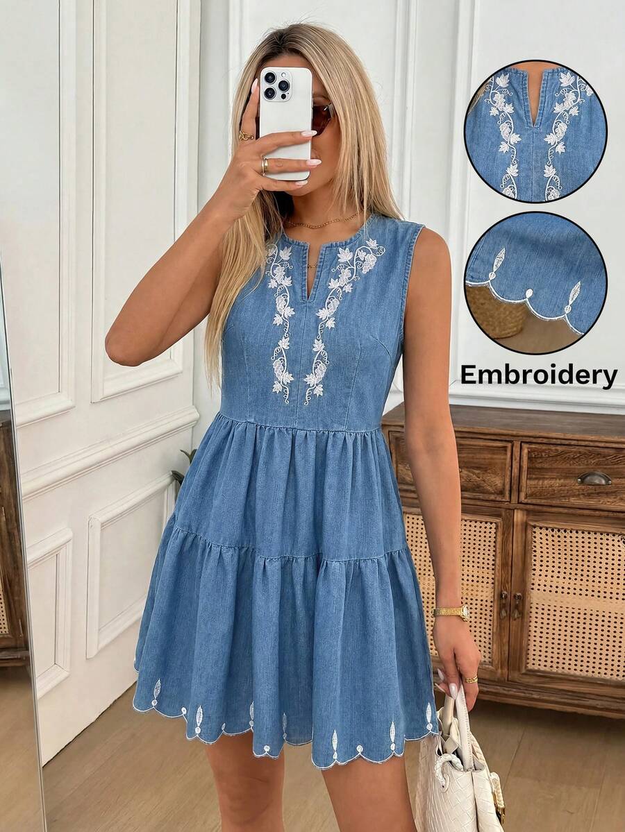 SHEIN LUNE Women's Floral Embroidery Ruffle Hem Sleeveless Denim Mini Dress, Autumn Outfits, Elegant Boho Dress, Vacation, Resort, Holiday, Casual. - Black - View 1