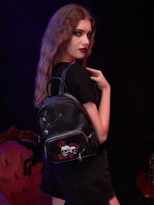 ROMWE Goth School Season Retro Punk Print Large-Capacity Backpack, Suitable For Commuting Versatile, Student Dress Book For School, Cool Road, Roses, Decorative - Black pin - View 5