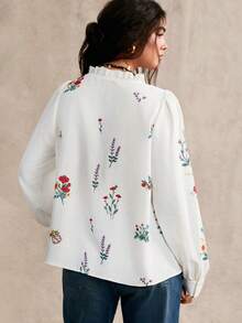 Nubod Plus Size Floral Print Ruffle Trim Fashion Long Sleeve Shirt Fall - White - View 2