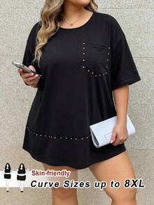 SHEIN CURVE+ 女款黑色針織大尺碼T恤 夏季外出休閒款 柔軟修身 2026年秋冬 22W - 黑色 - 查看 8