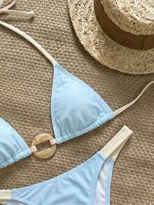 Swim Vcay Women's Front Ring Design Contrast Color Halter Neck Tie Sexy Bikini Two-Piece Swimsuit Set Beach Party Blue Summer - Baby Blue - View 3