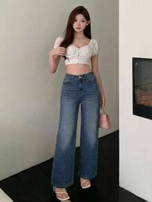 DAZY 秋季女款休閒水洗水鑽寬腿牛仔長褲 - 中等水洗藍 - 查看 3