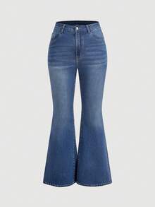Sweetra Plus Size Button Pocket Casual Denim Flare Pants, Suitable For School, Outings, And Daily Wear - Medium Wash - View 1