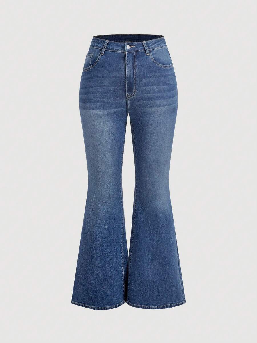 Sweetra Plus Size Button Pocket Casual Denim Flare Pants, Suitable For School, Outings, And Daily Wear - Medium Wash - View 1