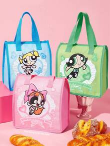 THE POWERPUFF GIRLS X SHEIN 1個印花保溫午餐袋，可保溫或保冷，野餐袋，大容量，可裝午餐盒與飲料，適用於野餐、露營、旅行、家庭使用，適合家庭、學生、友誼，花卉、氣泡、毛茛 - 淺粉色 - 查看 2
