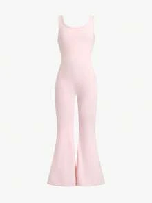 SHEIN Tween女孩休閒極簡舒適素色露背無袖連身褲 - 卡其色 - 查看 5