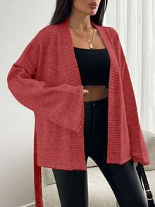 EURMUSE Women's Solid Drop Shoulder Long Sleeve Loose Tie-Waist Casual Cardigan,Petite Cardigans,Cardigans - Dusty Pink - View 4