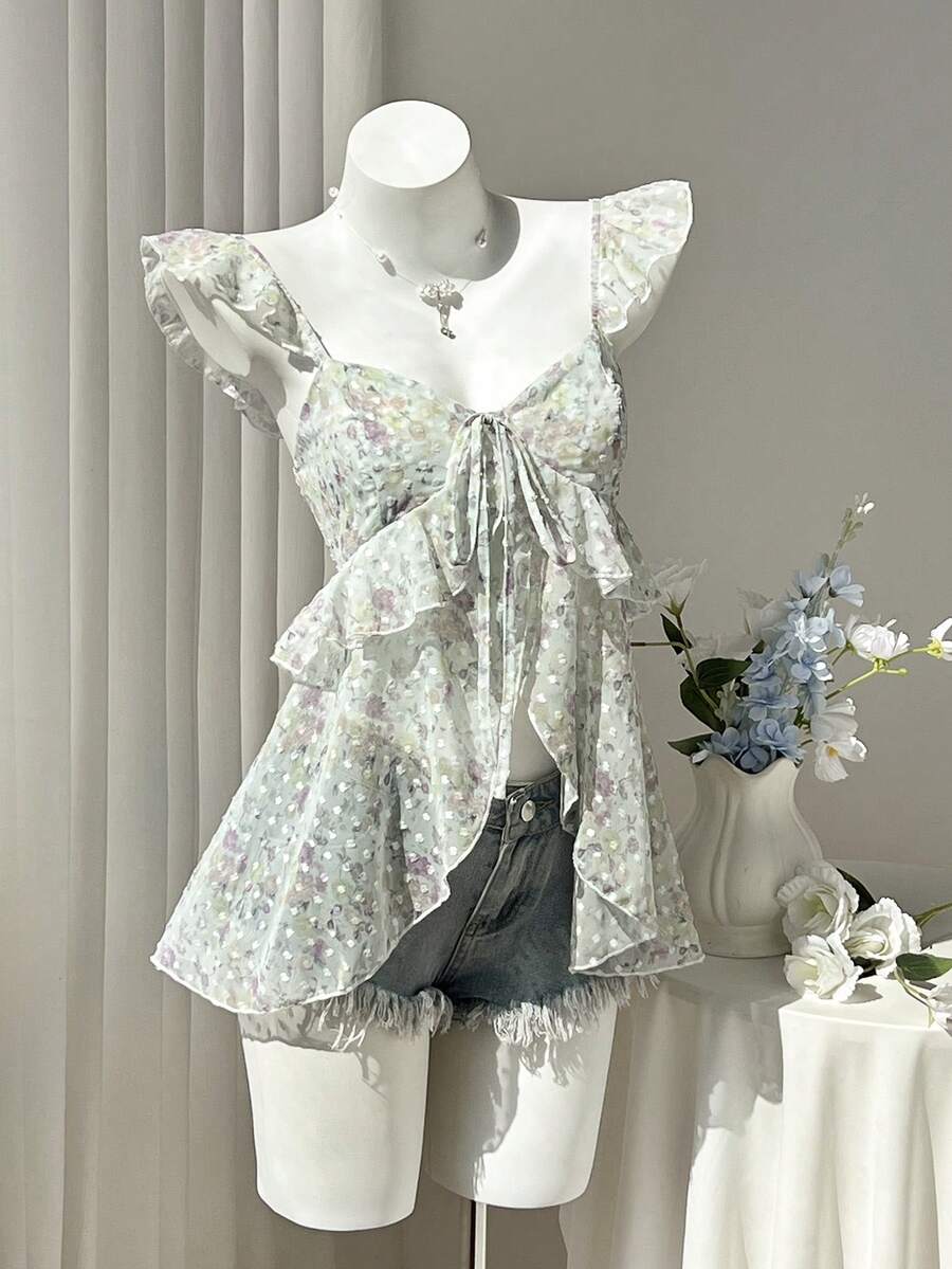 Elamini Top estivo da donna con spalline a volant e stampa floreale minuta - Giallo - Visualizzare 1