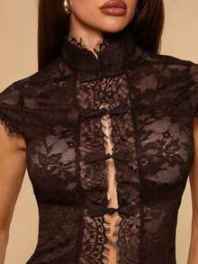 SHEIN BAE Spring/Summer Solid Black Lace Sexy Sheer Oriental Chinese Style Mandarin Collar Women's Top - Coffee Brown - View 8