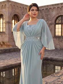 Serin Plus Size Elegant Luxurious Romantic Blue Sequin Patchwork Sequins Rhinestone Flutter Sleeve Chiffon Ruched A-Line Wedding Event Bachelorette Party Vacation Prom Evening Gown (Intricate Design) - Baby Blue - View 4
