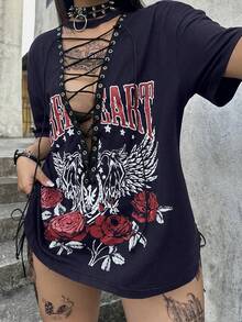 Whyspr 暗黑龐克風復古黑色機車搖滾圖案前綁帶女款T恤 - 藏蓝色 - 查看 7