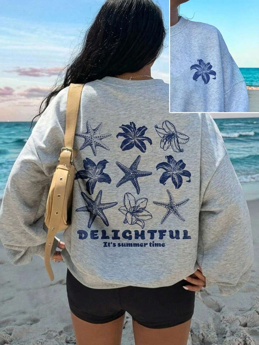 SHEIN EZwear 休閒極簡熱帶藍色花卉復古字母圖案印花圓領長袖寬鬆女款運動衫,適合春夏季海灘 - 淺灰色 - 查看 1