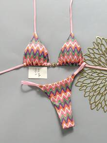 Swim Mod 女款春夏新款特殊面料金屬飾品V領掛脖露背三角鉚釘比基尼泳衣兩件套 - 彩色 - 查看 3