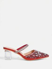 CUCCOO TILAWA Ladies' Fashionable And Elegant Crystal And Rhinestone Pointed Laser Lace Rose Red High-Heeled Shoes, Suitable For Banquets, Parties And Other Occasio - Rose Red - View 2