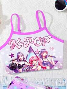 K-Pop Superstars Cartoon Young Girls Portrait Fitted Camisole & Bikini Swimwear Set,Vibrant Gradient Color Pattern,Summer,Beach,Holiday - Multicolor - View 3