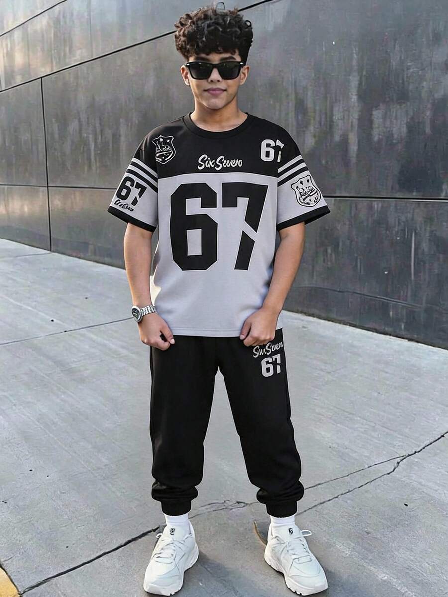 Kids Tween Boy Letter & Number Print Short Sleeve T-Shirt And Long Pants Casual Daily Outfit Set