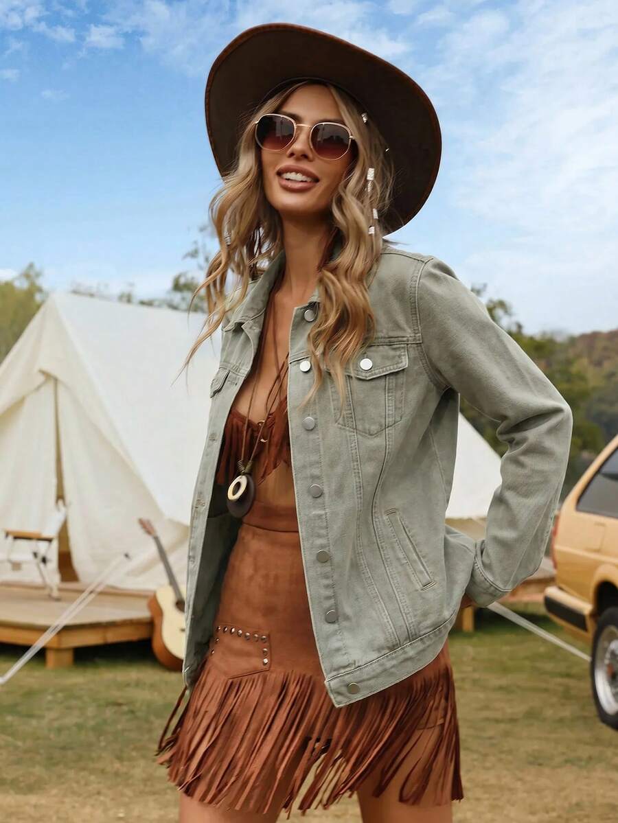 Breezaya Chaqueta vaquera vintage lavada casual para primavera/otoño - Verde Oliva - Ver 1