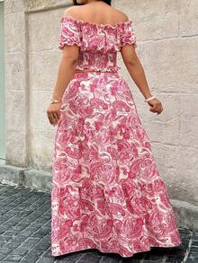 Vionelle Plus Size Peris Pattern Resort Set: Off-Shoulder Short-Sleeve Top With Waist-High Ruffles Women's Long Skirt Two Pieces White Beach Vacation Summer - Pink - View 3
