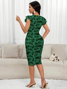 SHEIN Lady 女款V領花卉印花荷葉邊優雅中長洋裝 女裝中長洋裝 女款服飾洋裝 婚禮早午餐辦公室 綠色花卉夏季 - 黑色和綠色 - 查看 2