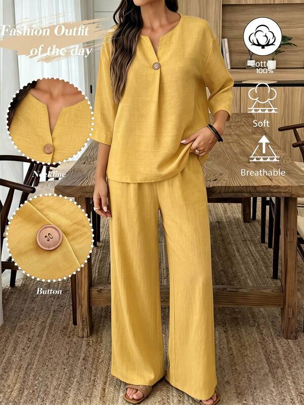 Elouméa Mustard Yellow Cotton Linen Two Pieces Set With Button, Autumn Casual Everyday Bohemian Vacation Three-Quarter Sleeve Long Pants Office Outfit