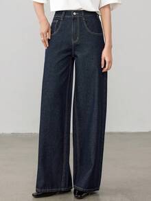 DAZY Women's Retro Korean Style Casual Loose Pocket Wide Leg Jeans Petite - Blue - View 8
