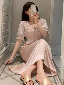 DAZY Camisón elegante para mujer con volantes de encaje en contraste y lazo delantero - Rosa vieja - Ver 3