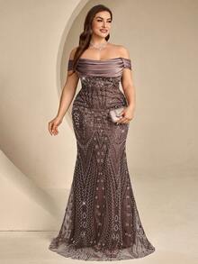 Coutiva Plus Size Sequin Long Formal Evening Gown (Heavy Embellishment Style) - Brown - View 4
