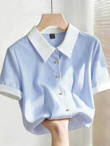 SHEIN Franclia 女款優雅藍色條紋領口寬鬆短袖襯衫，夏季戶外休閒優雅上衣，度假、假日、通勤、辦公室社交/工作服，女款辦公室穿著上衣 - 藍色 - 查看 1