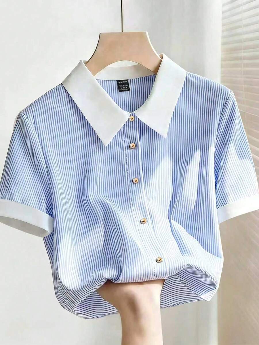 SHEIN Franclia 女款優雅藍色條紋領口寬鬆短袖襯衫,夏季戶外休閒優雅上衣,度假、假日、通勤、辦公室社交/工作服,女款辦公室穿著上衣 - 藍色 - 查看 1