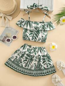 SHEIN Playful Pals 夏季女孩百搭時尚度假風花卉印花荷葉邊上衣 & A字裙 2件套 - 綠色 - 查看 7