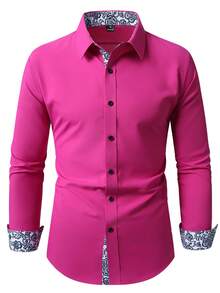 Manfinity Mode Camisa de manga larga con patrón floral de patchwork de un solo pecho (no posicionado), formal para hombre - Rosa Fucsia - Ver 3