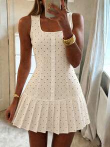 SHEIN Summer Casual Cute Polka Dot Print Pleated Hem Sleeveless Dress Back-To-School Brunch White And Black Polka Dot - Beige - View 5