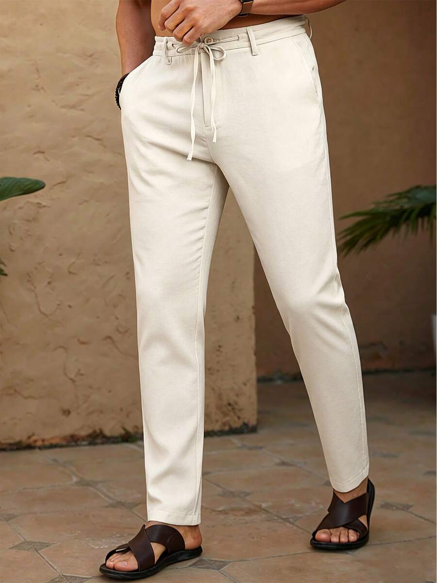 Palmeraft Pantalon pour hommes à taille élastique, coupe fuselée, en lin, unicolore, pour sortie, automne, vacances - Nude - Voir 1