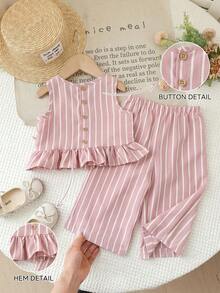 SHEIN LMoss Kids 女婴条纹圆领上衣和宽松休闲裤两件套 - 粉色 - 查看 3