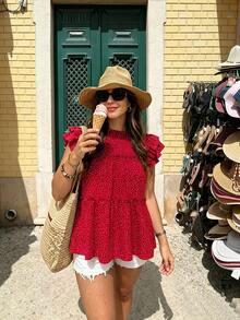 Vionelle Plus Size Vintage Polka Dot Loose Multi-Layer Ruffle Patchwork Doll Blouse Brunch Dinner Vacation Red And White Summer - Red - View 3