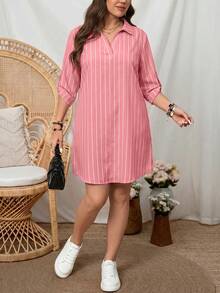 SHEIN LUNE 大尺碼女款條紋休閒日常外出洋裝 - 粉色 - 查看 4