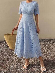 DAZY Elegant & Youthful Water-Soluble Lace Short Sleeve Mini Dress, Chic & Ladylike Maxi Dress - Blue - View 6