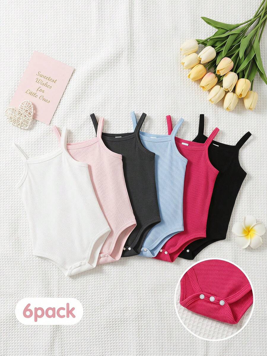 SHEIN Playful Pals 6件組女嬰幼童0-3歲休閒日常百搭素色羅紋針織細肩帶連身衣套裝,5色,多件組 - 彩色 - 查看 1