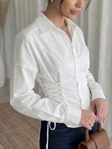 Modelyn Women's Fashion Commuter Office Solid Color Criss-Cross Tie Waist Shirt Teachers' Day White Autumn Smart Casual - White - View 3