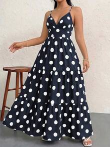 Vionelle Plus Size Women's French Casual Elegant Polka Dot Spaghetti Strap Dress Vacation Navy Blue Summer - Navy Blue - View 4