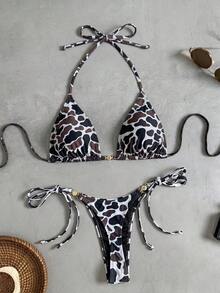Swim Vcay 女款兩件式熱帶性感豹紋比基尼套裝，金屬裝飾，度假休閒風 - 彩色 - 查看 2