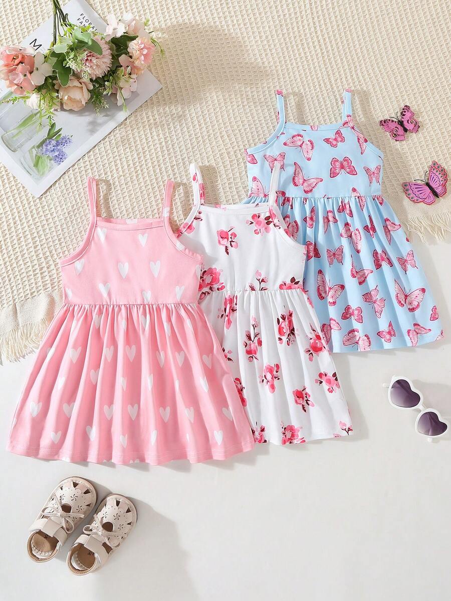 Souflis Souflis Vestido para bebé/niña pequeña (niña), nuevo estilo de verano, estilo casual lindo y divertido, multicolor de varias piezas, vestido ajustado sin mangas con tirantes, estampado floral en todo el Body combinado con vestido de unicolor, estilo pastoral, paleta de colores de dopamina de verano, vestido lindo y de moda, tela suave y cómoda, estilo versátil de moda diaria, adecuado para vacaciones de verano, fiestas, reuniones y otras ocasiones, vestido de niña detallado de nueva llegada para vacaciones, conjunto de 3 piezas - Multicolor - Ver 1
