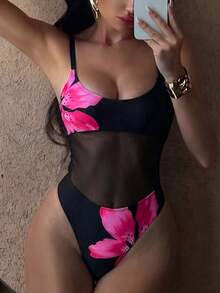Swim SXY 女款春夏秋海灘度假休閒優雅海邊溫泉時尚新款性感修身花卉數位印花網布拼接高腰連身泳衣 - 黑色 - 查看 4