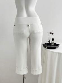 Flirla Plus Size Women's Summer White Elastic Sexy Skinny 3/4 Jeans - White - View 3