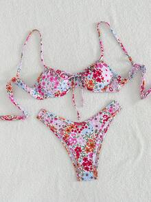 SHEIN Swim 田園清新風女款兩件式比基尼套裝，粉色與橘色碎花，細肩帶，鋼圈上衣配蝴蝶結前襟與後綁帶，高腰三角褲，適合夏季度假、海島、露營，小眾吸睛，溫柔青春，泳池、海灘、度假，鮮豔亮眼，適合拍照 - 彩色 - 查看 6